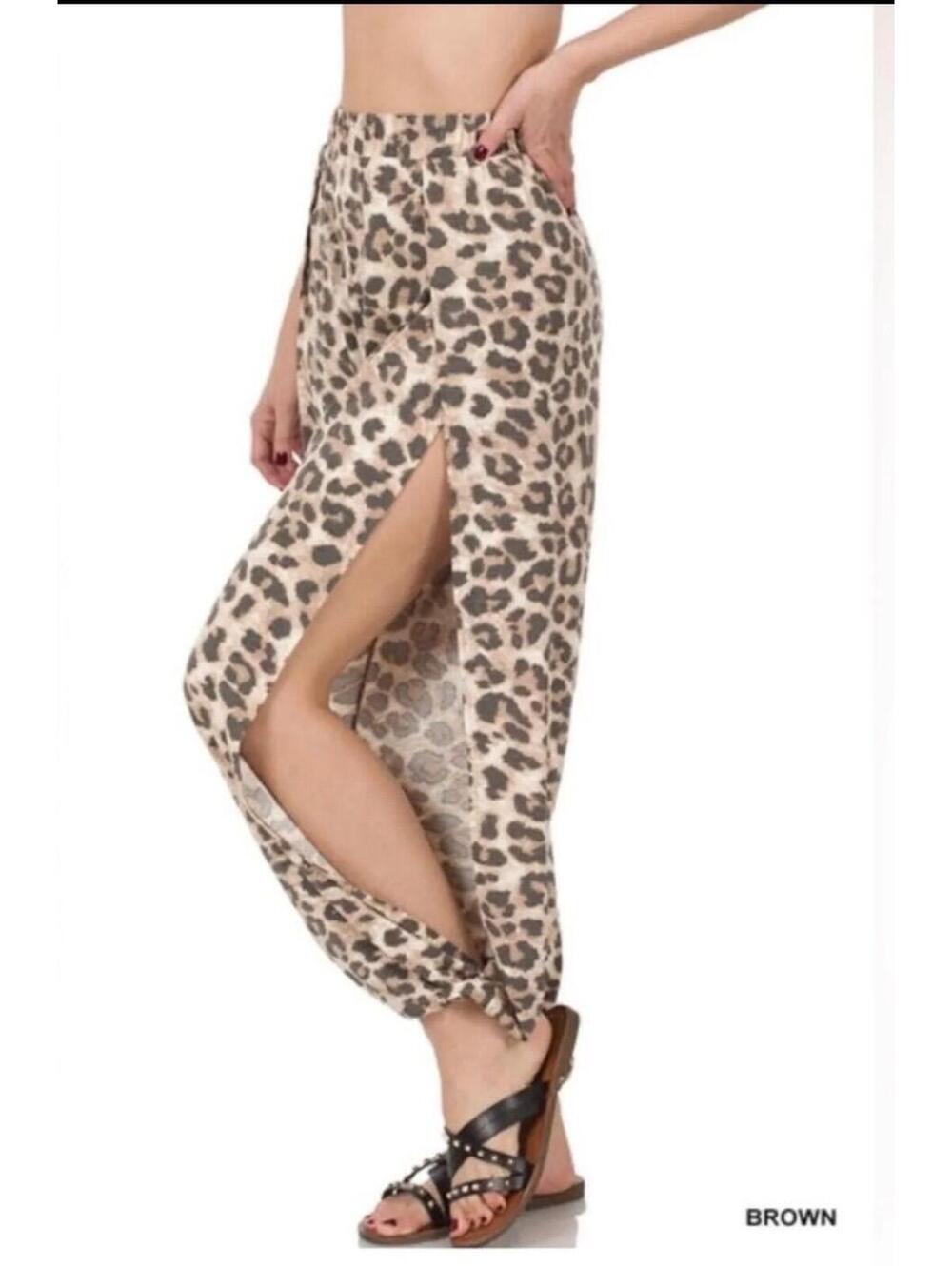 Zenana Brown Leopard Print Harem Pants 2X Boho Wide Leg Slit Pants Plus Size - Picture 4 of 7